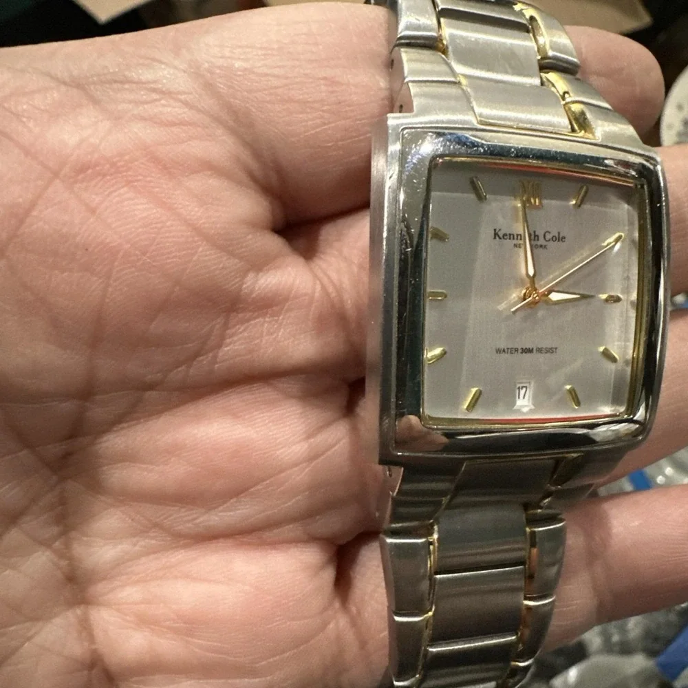Working Kenneth Cole Square Men's Watch All Steel Two Tone Date 32.5mm 8in